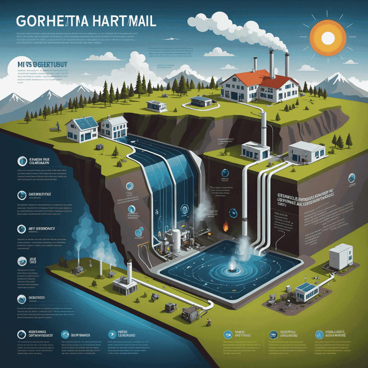 Infographic showing 5 common myths about geothermal energy with corresponding factual information, presented in a futuristic style